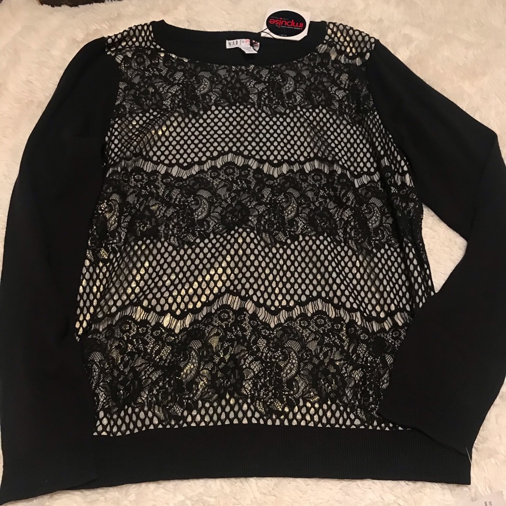 NWT Made for impulse black lace front sweater- L